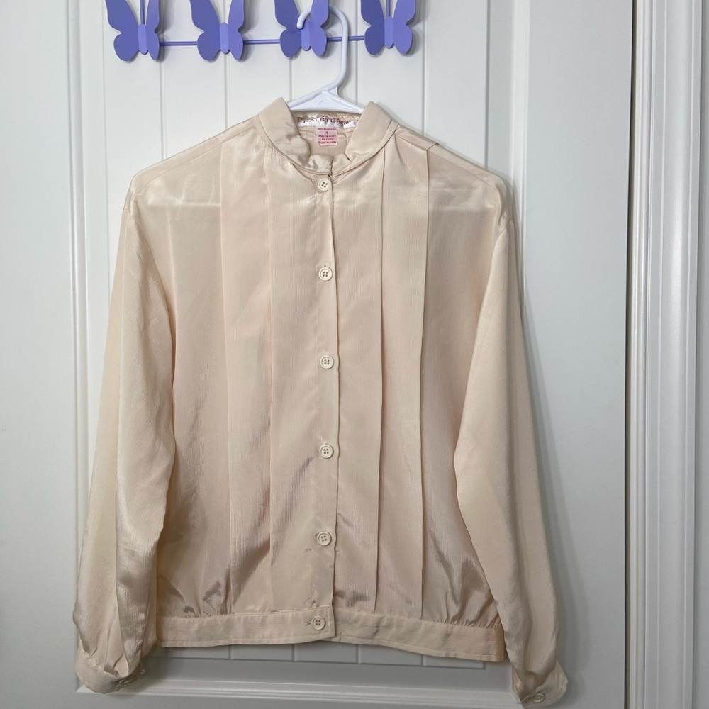 EUC Vintage Halston III women’s cream silky smooth pleated button high neck top